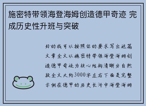 施密特带领海登海姆创造德甲奇迹 完成历史性升班与突破